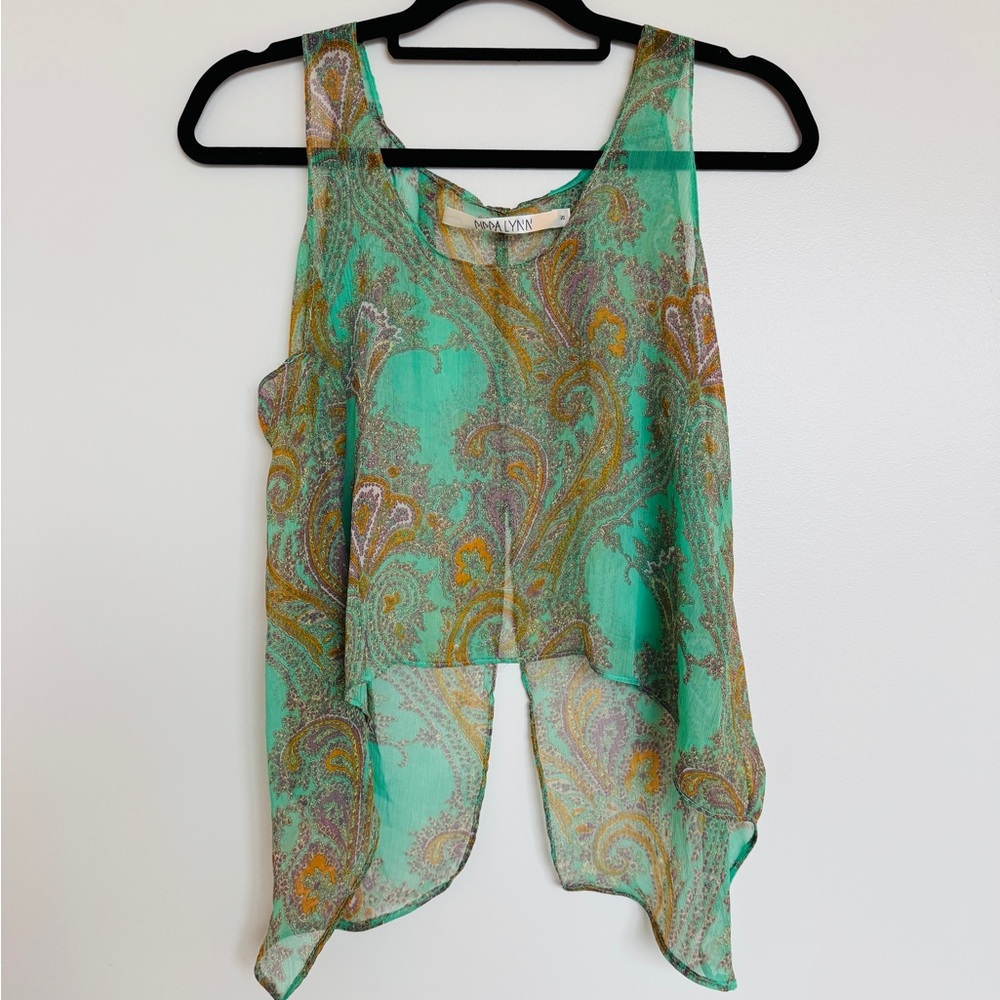 Vintage Sheer Green and Orange Paisley Sleeveless Layering Summer Tank Top